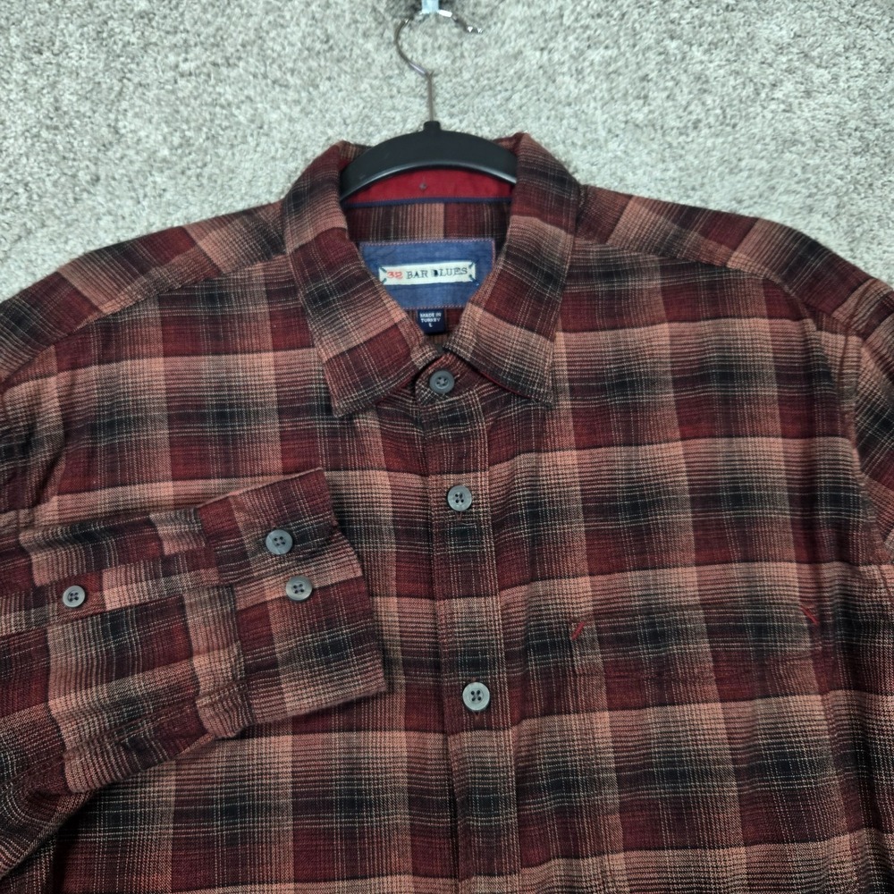 32 Bar Blues Flannel Shirt Mens Large Plaid Red Brown Long Sleeve